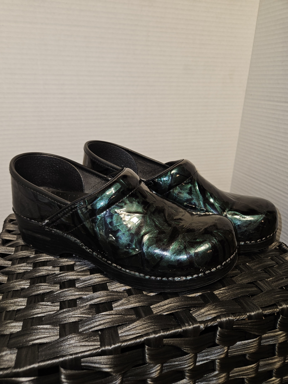 Dansko Iridescent Black & Green Leather Mule Clogs